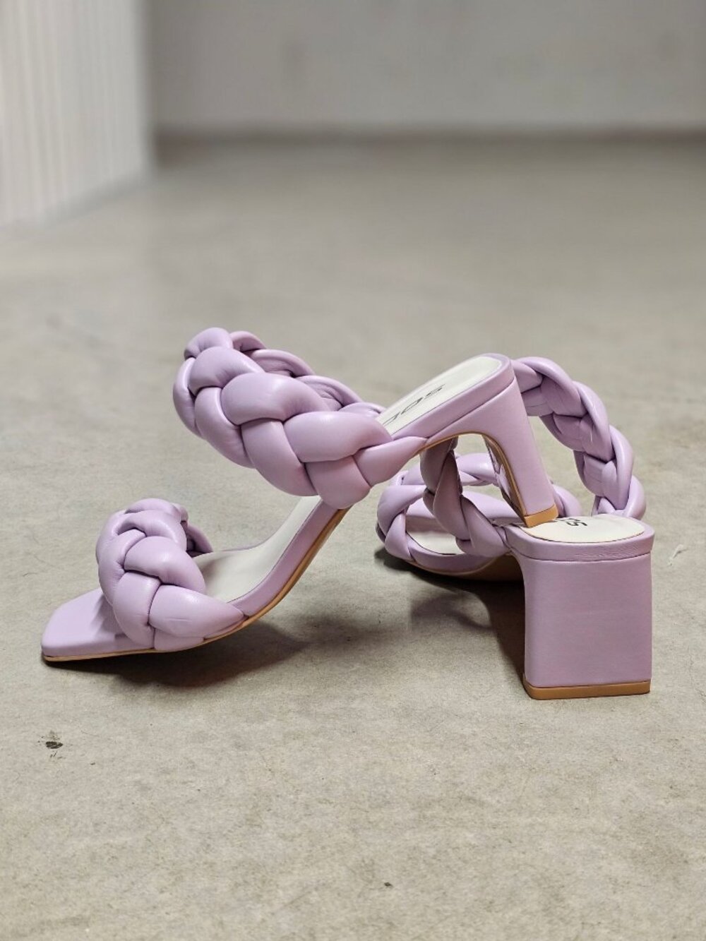 Braided Strap Lilac Block Heel Sandals For Women Square Toe Design With Faux Lea